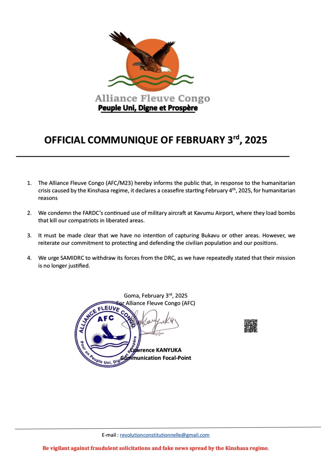 Statement from Alliance Fleuve Congo