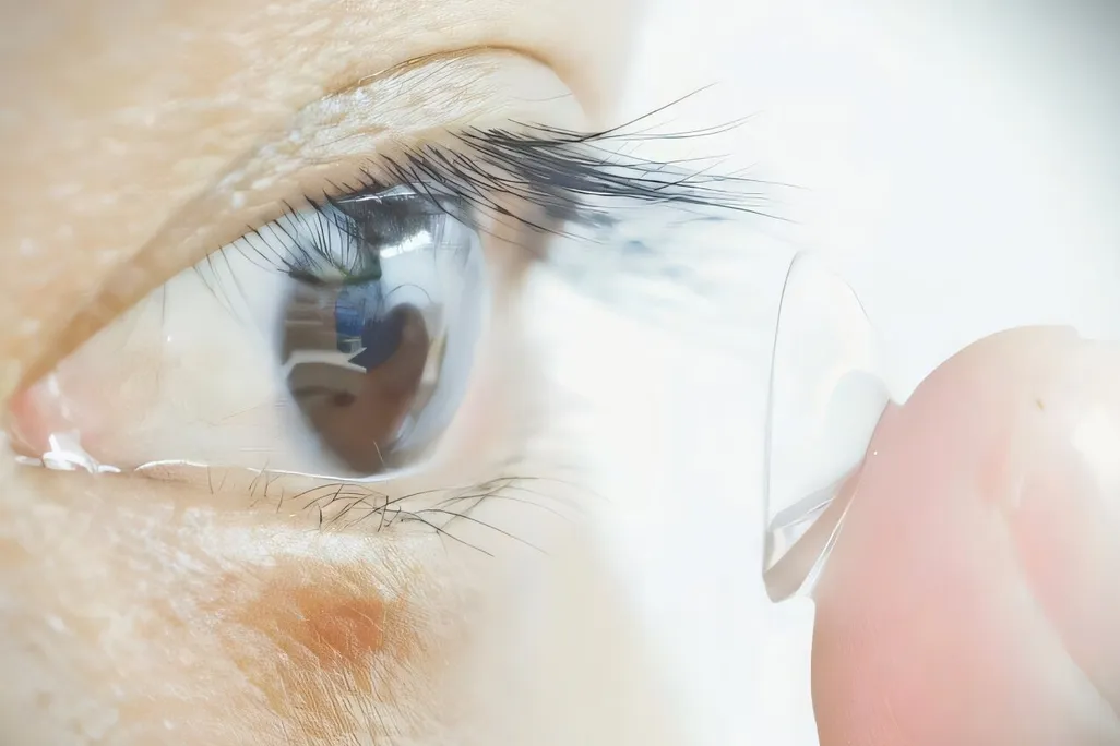 A study participant puts in a contact lens. Researchers developed lenses with nanoparticles that convert infrared wavelengths into visible light that humans can perceive